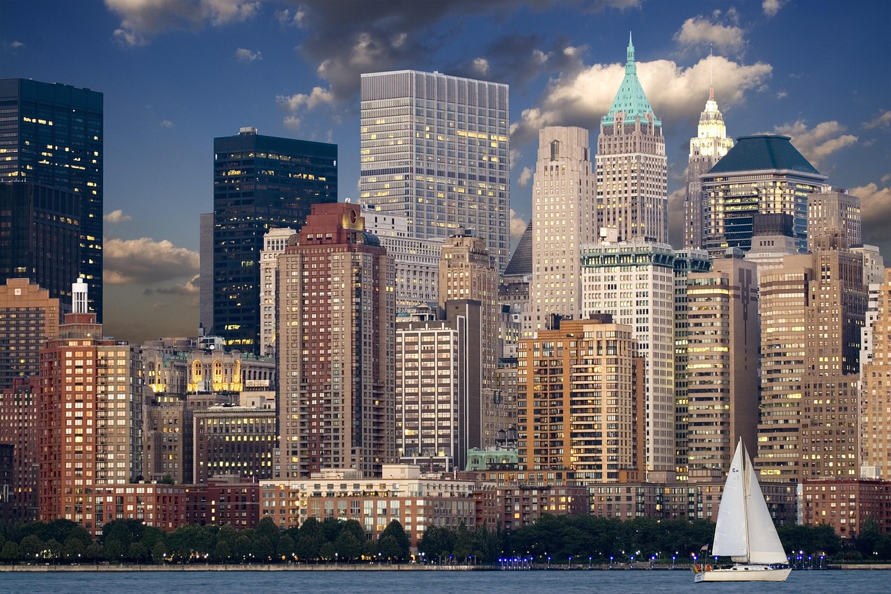 Lower Manhattan skyline towers viewed from the Hudson River