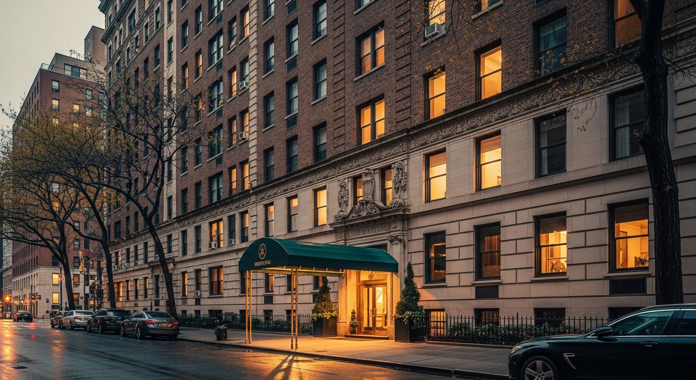 Elegant pre-war Manhattan luxury apartment building with a classic green entrance awning at dusk